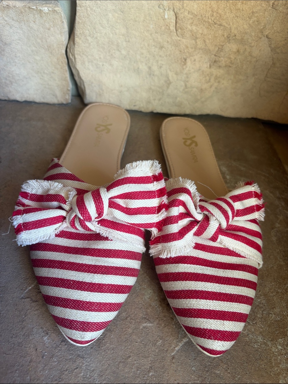 Yosi Samra Viceroy-SF Striped Red & White Bow Pointed Toe Slide - Women size 10